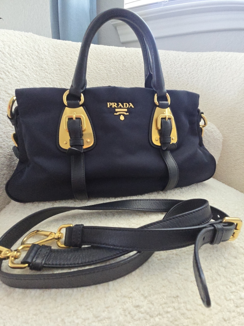 Prada Blue Tessuto Nylon & Soft Calfskin Leather Top Handle Bag - Picture 3 of 17